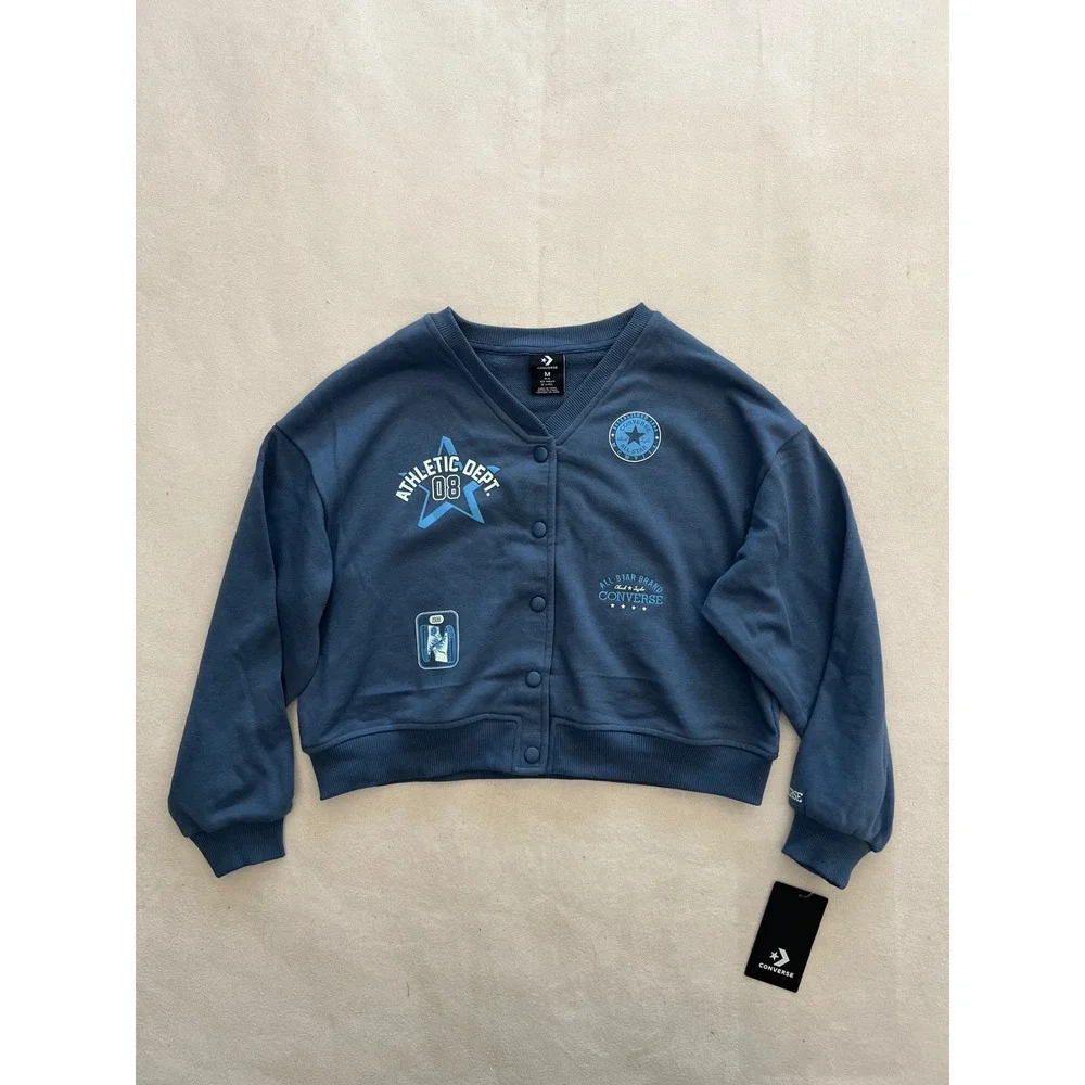 Converse Girls Slacker Blue Varsity Cardigan Sweatshirt 4MH371-UFL Size M 10-12